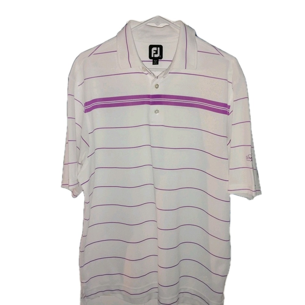 FootJoy Mens XXL Golf Polo WHITE PURPLE striped Embroidered Sleeve Stoneridge FJ